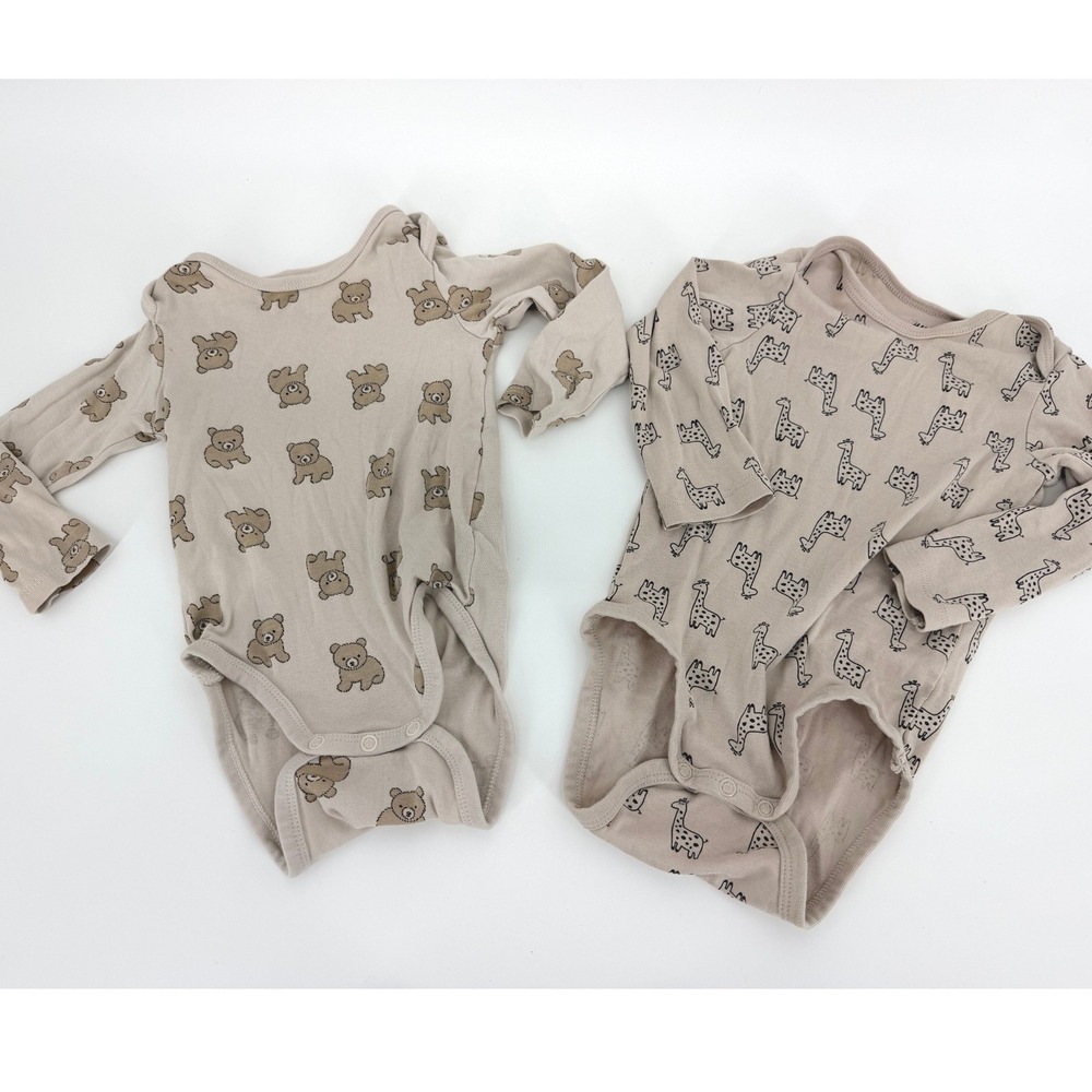 H&M Baby 12M Organic Cotton Long Sleeve Bodysuit Set Bear Giraffe Neutral 2 Pack
